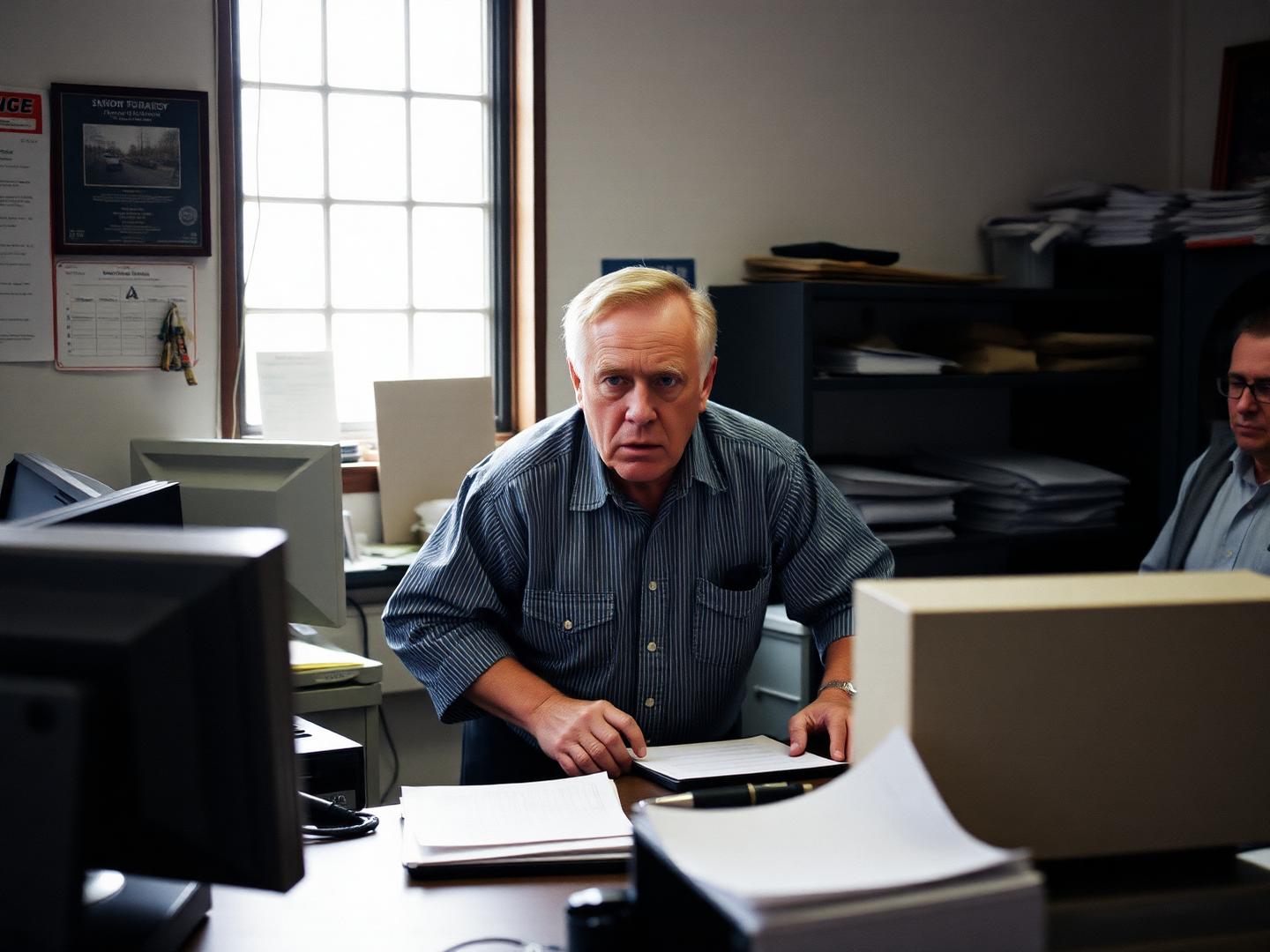 Auto shop owner leaning over a counter buried in paper work orders