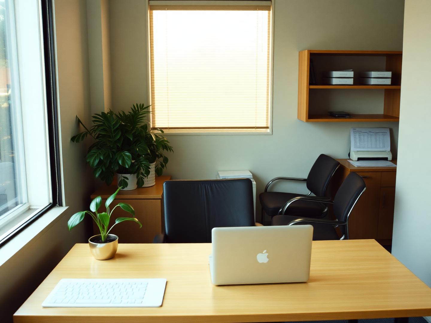 A quiet, tidy small business office at the end of the day