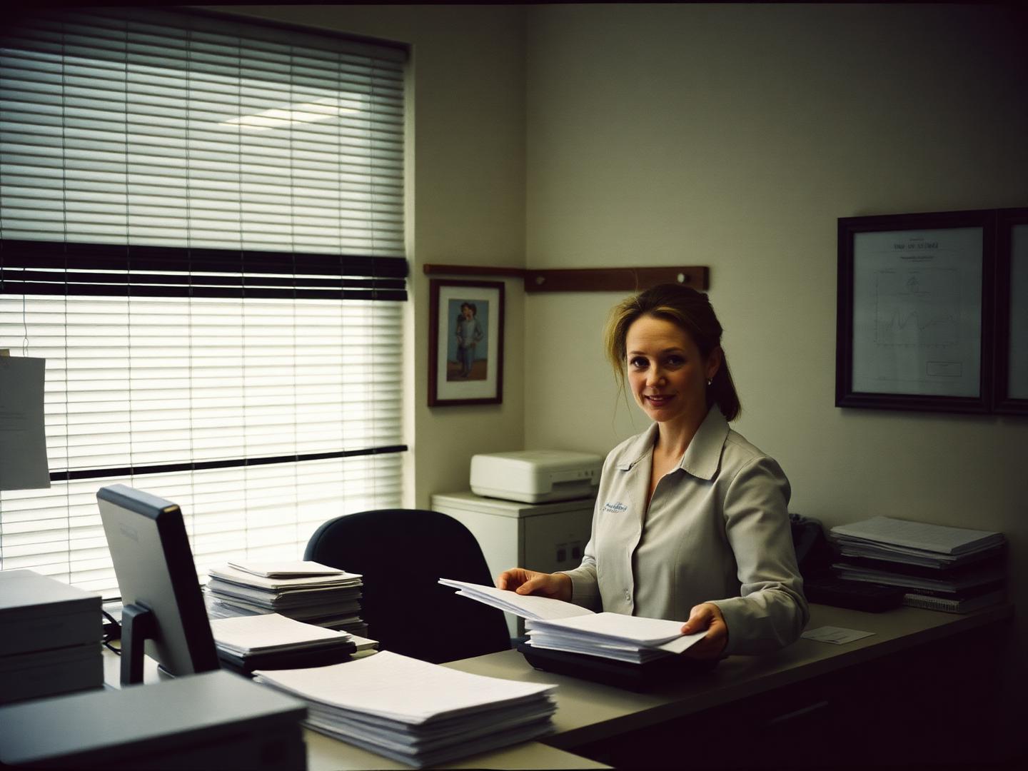 Practice manager at a clinic front desk with stacks of paper charts