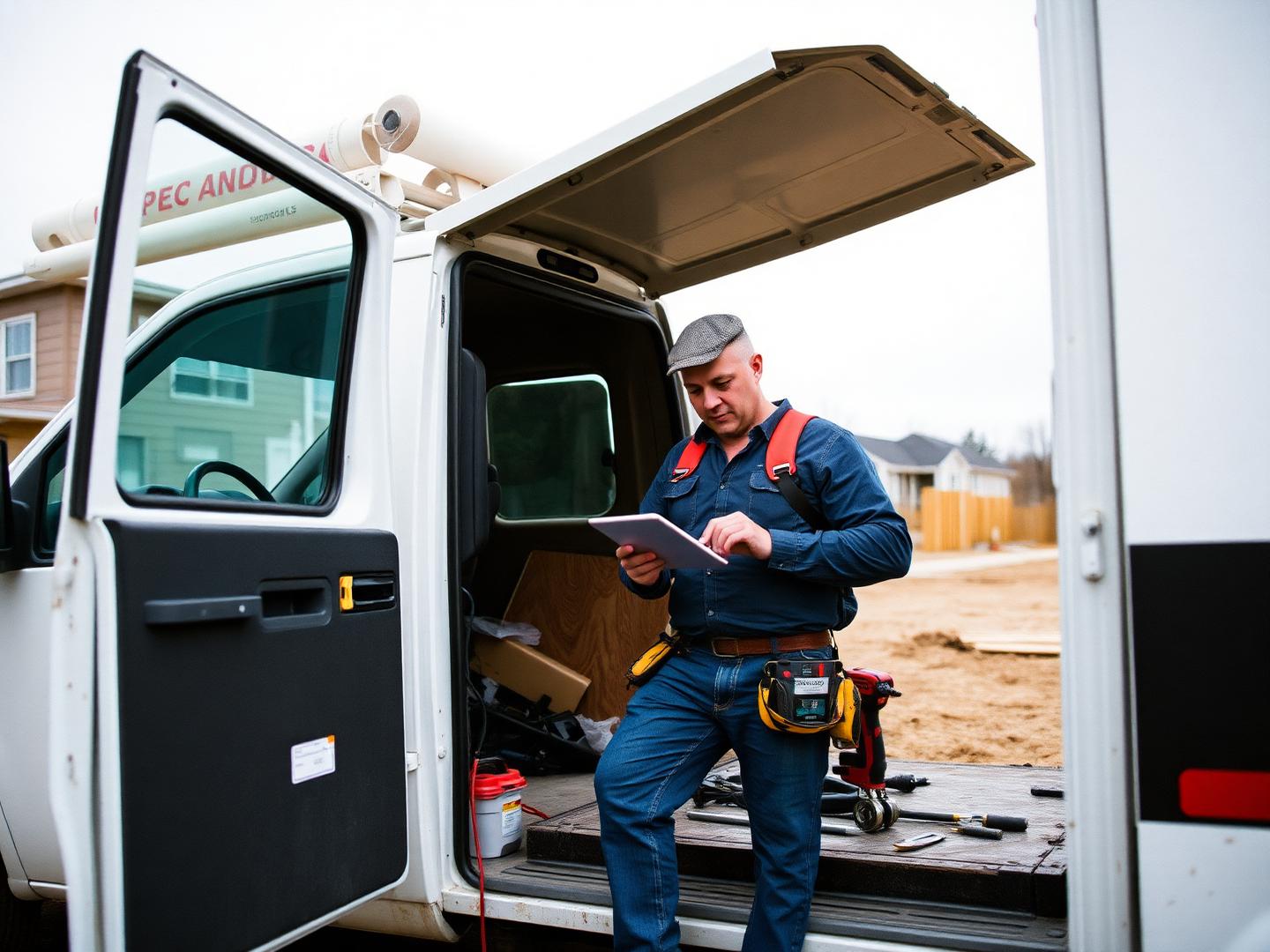 Contractor at the back of a work truck checking the day's schedule on a tablet