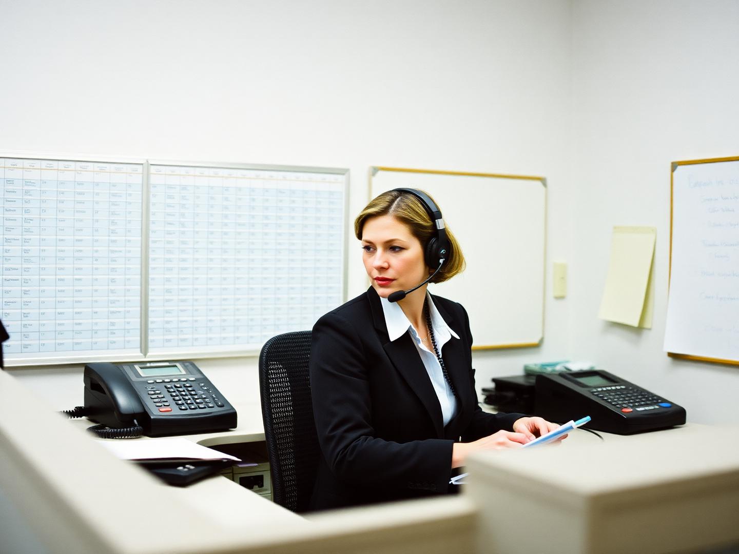 Service dispatcher on a headset taking notes while desk phones ring
