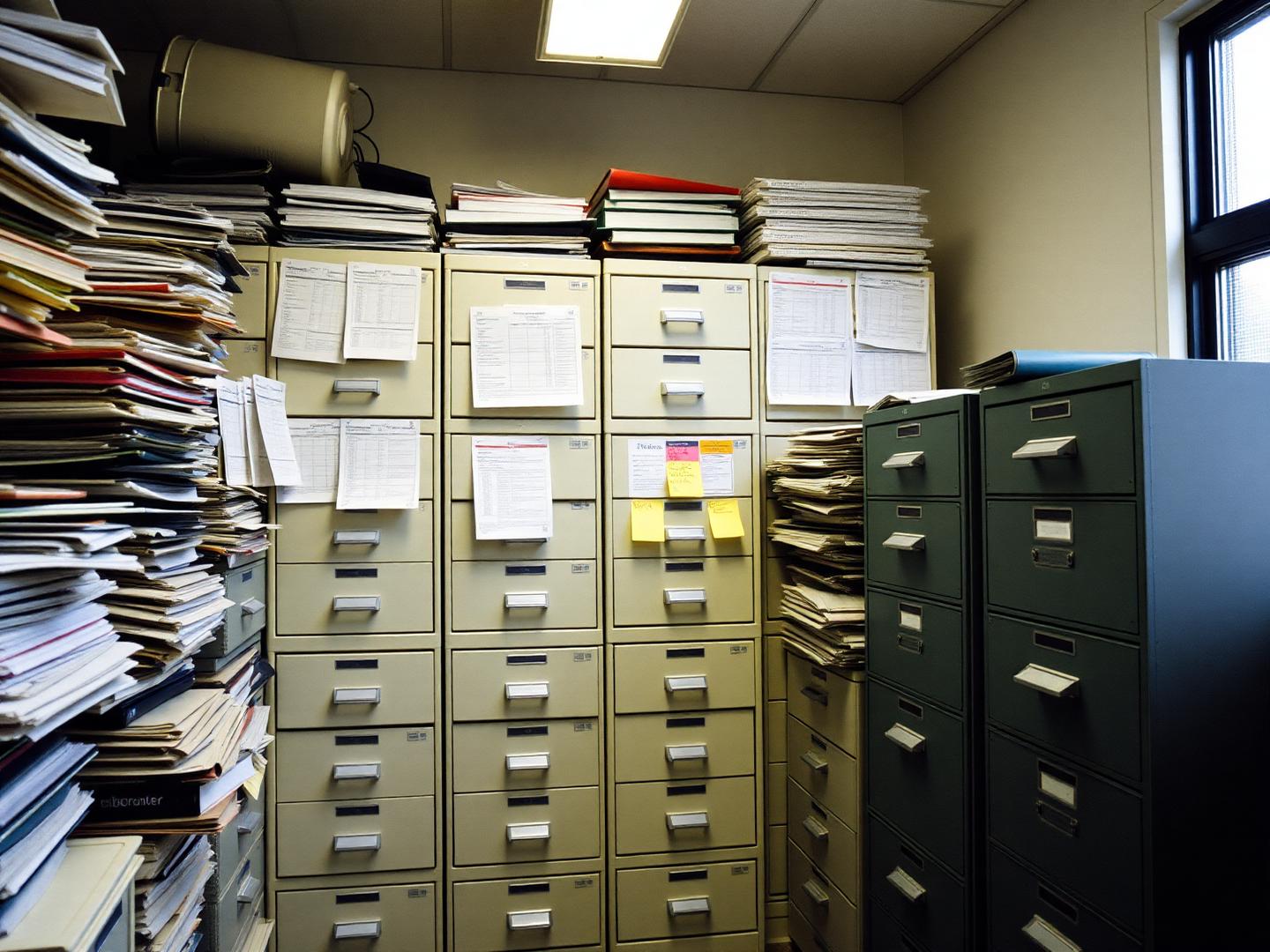 A wall of overstuffed filing cabinets, binders and pinned-up spreadsheets