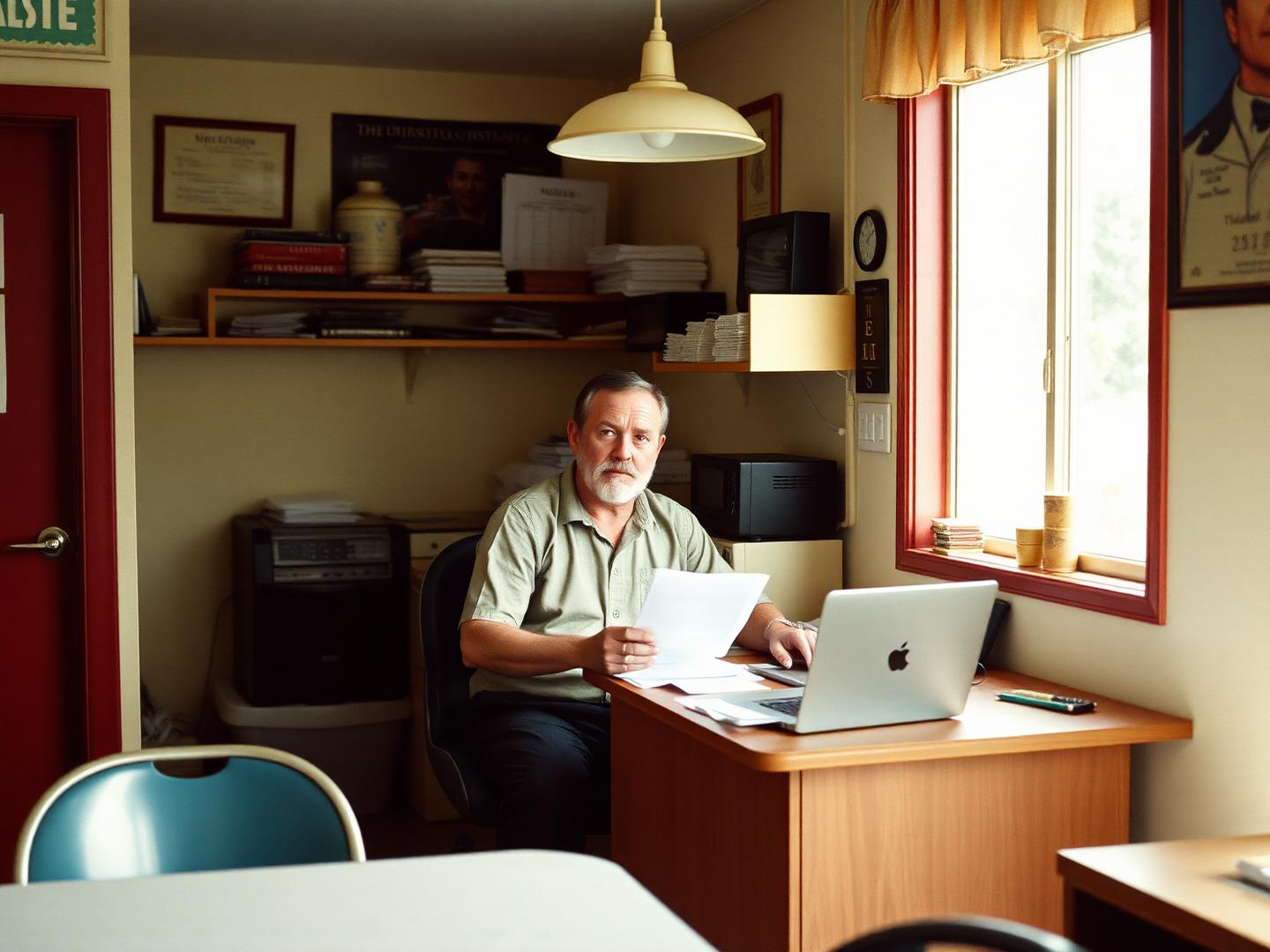 Restaurant owner in a back office working through a pile of invoices