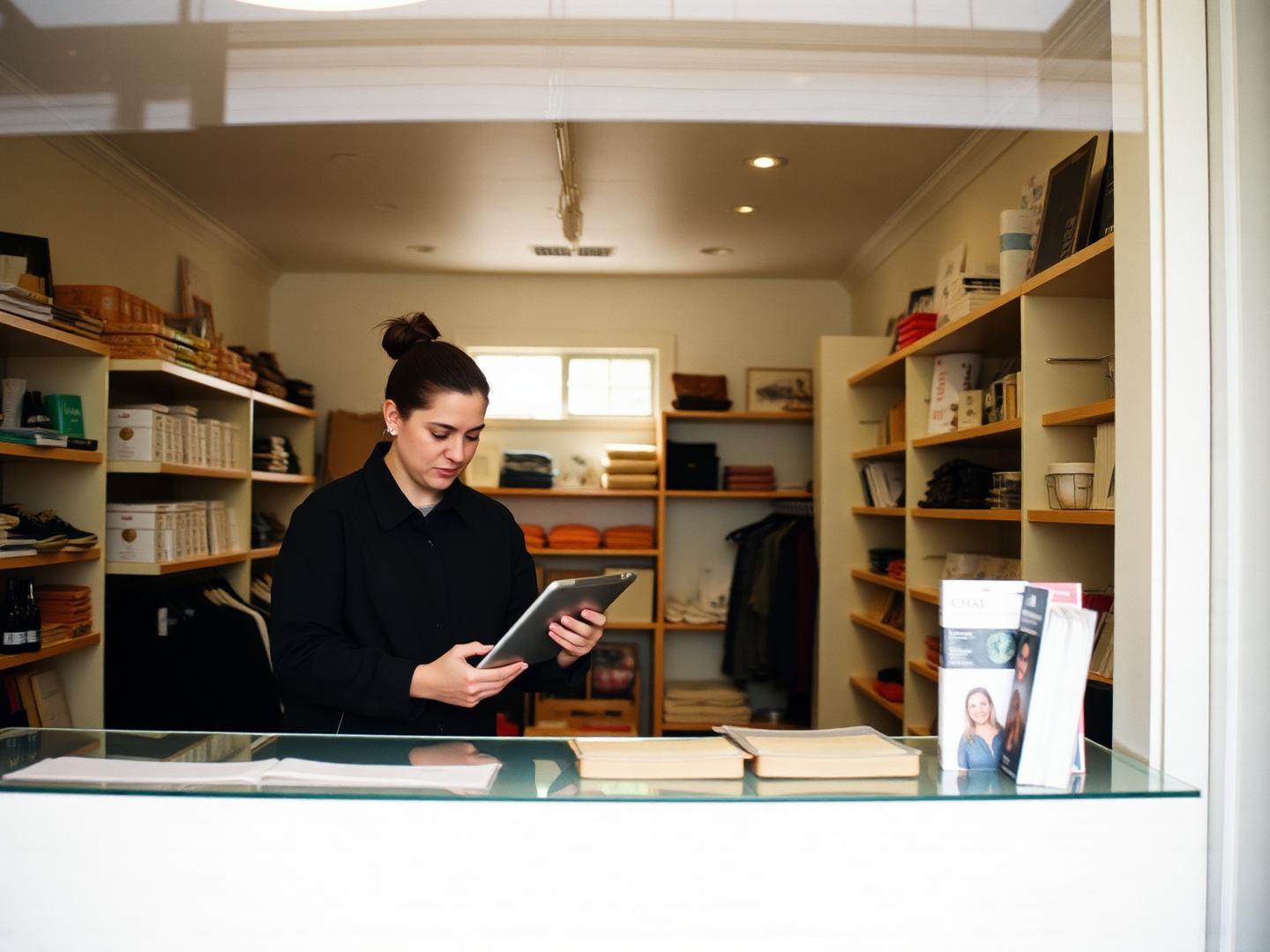 Shop owner checking inventory on a tablet behind the counter