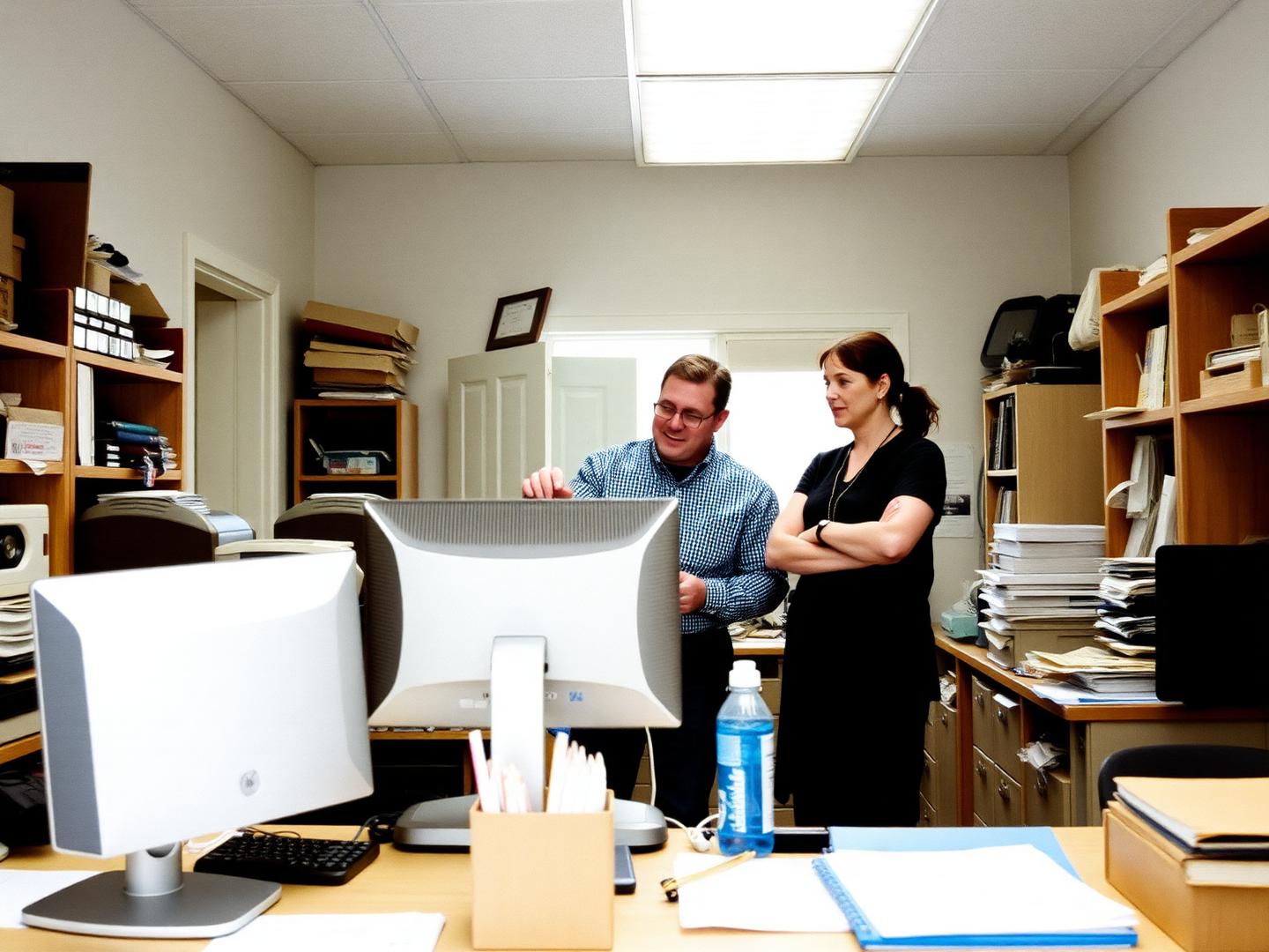 Owner and staff gathered around one monitor reviewing the week's schedule