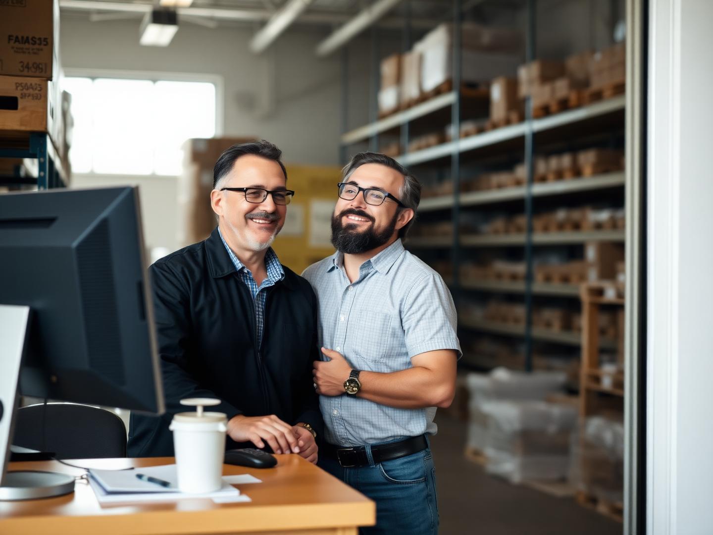 Warehouse owner and dispatcher looking at one screen together, relieved