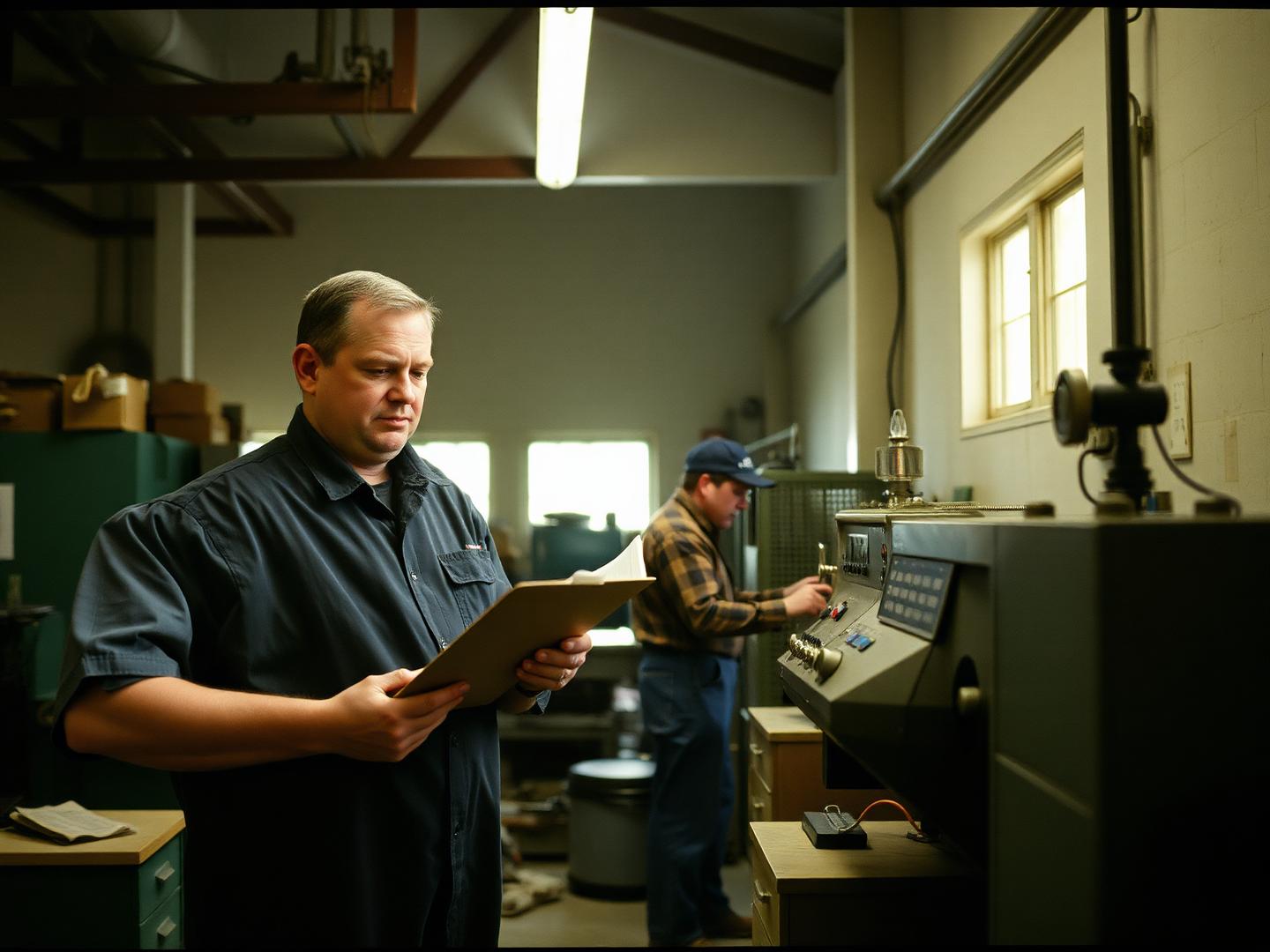 Production supervisor checking a clipboard on a small manufacturing floor
